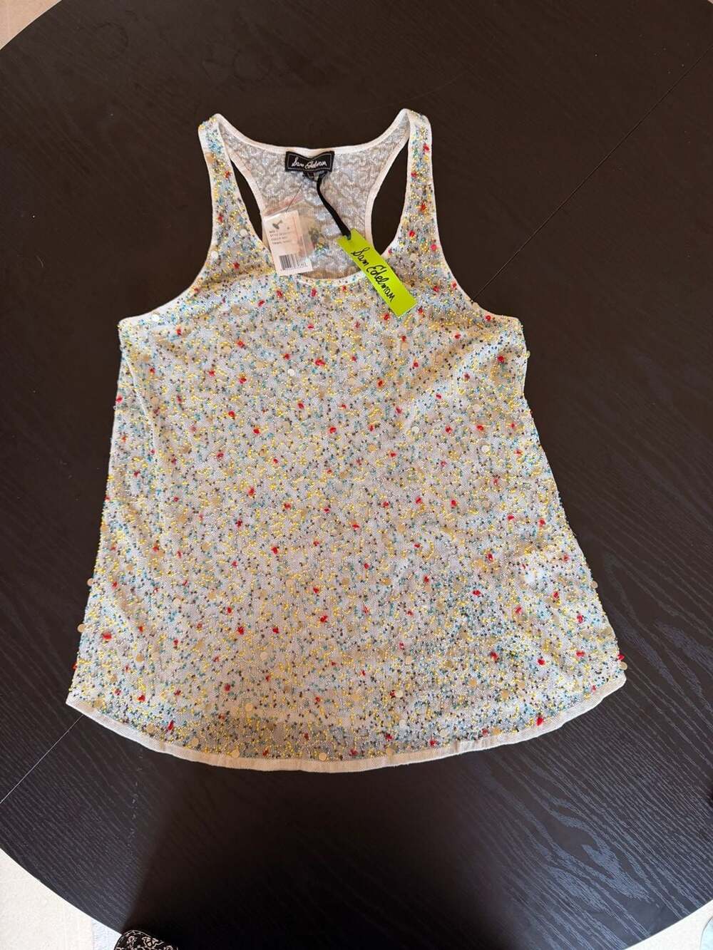 Sam Edelman White Mesh Racerback Tank Top with Multicolored Beads and Sequins